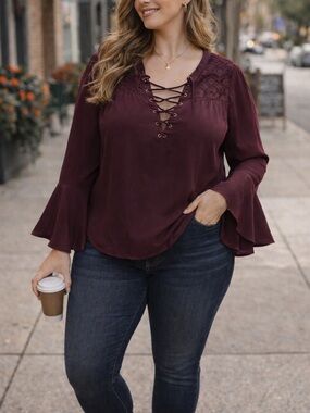 Burgundy Lace-Up Bell Sleeve Blouse 2X | Boho Peasant Top Flowy Chic